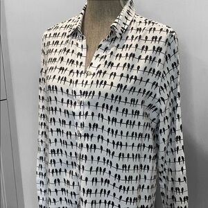 Jane & Delancey Button Down Shirt Birds on Wire Print Black White size Large